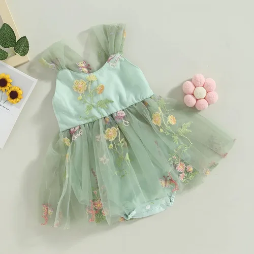 Vista 2 de Vestido de verano para bebé niña, con tirantes ajustables, sin espalda, bordado floral, tutú de cumpleaños