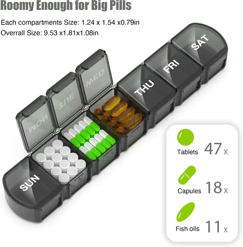 Vista 2 de Organizador de píldoras extra grande 3 paquetes, pastillero XL de 7 días, estuche semanal de píldoras con gran capacidad, organizador jumbo, sin BPA