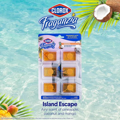 Vista 2 de Clorox Fraganzia - Geles ambientadores adhesivos en Island Escape, 6 unidades Ambientador sin enchufe, sin batería para latas de basura y más, 6