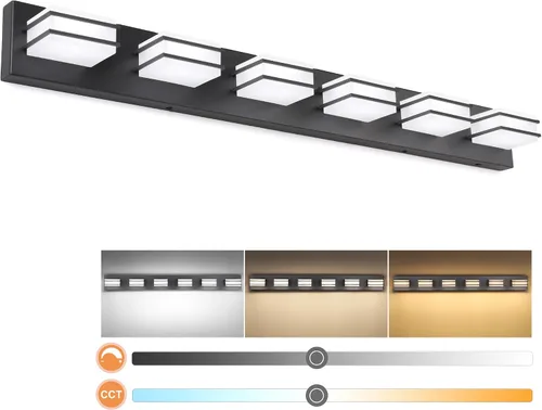 Vista 19 de 3 lámparas de baño regulables de temperatura de color para sobre espejo, lámparas de tocador LED cromadas de 3 luces, lámparas de tocador de baño