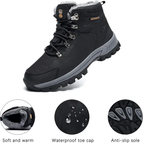 Vista 5 de BEOAPT Botas de senderismo de invierno para hombres y mujeres, cálidas y resistentes al agua, antideslizantes, con forro suave, color negro