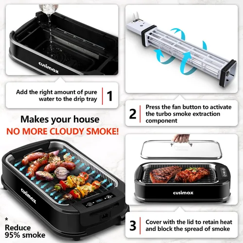 Vista 4 de Parrilla de Interior, CUSIMAX Parrilla Sin Humo de Interior, Parrilla Eléctrica Plancha de 1500W BBQ Coreana con Pantalla Inteligente LED y Tapa