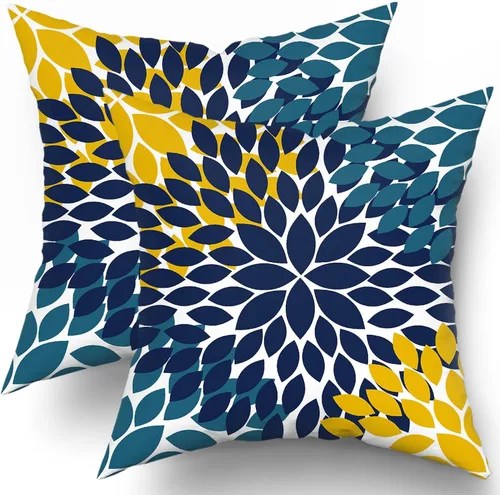 Vista 10 de Juego de 2 fundas de almohada de 18 x 18 pulgadas, diseño de dalias de color azul claro, modernas, rústicas, decorativas, de algodón, con Azul