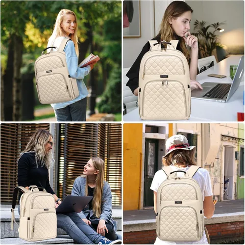 Vista 7 de Mochila Kuosdaz para Mujeres, Beige, 15,6 pulg. 15.6 Inch Cute Quilted Laptop Backpack, Large Bookbag for Middle School College Students, Beige