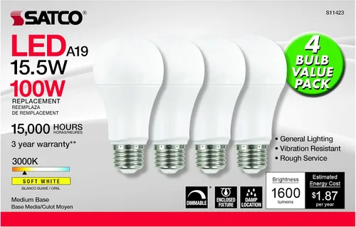 Vista 2 de Satco 15.5w 120v A19 LED E26 base mediana 1600 lúmenes 3000k (4 bombillas LED)