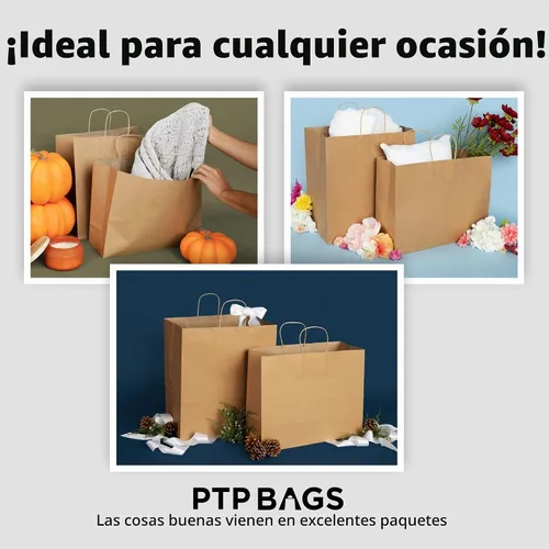 Vista 9 de PTP BAGS - Bolsas naturales y blancas de papel de estraza, 11 x 6 x 11 pulgadas, bolsas para servicio de alimentos