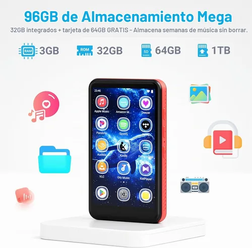Vista 2 de MECHEN 96GB Reproductor de MP3 MP4 de Alta Capacidad Android, Pantalla Táctil de 4", Bluetooth + WiFi, Altavoz Integrado, Soporta Spotify, Amazon