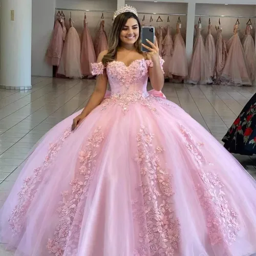 Vista 5 de XYAYE Vestido de quinceañera con hombros descubiertos para mujer, con flores en 3D, vestido de baile hinchado de encaje con cuentas, vestido