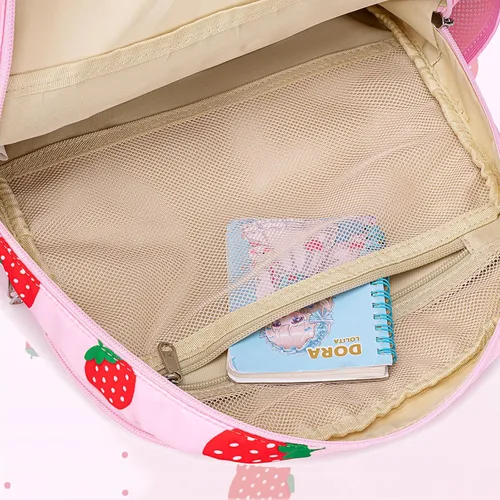 Vista 9 de CAMTOP Mochila para niños y niñas, mochilas preescolares con lonchera, juego de bolsa luminosa para jardín de infantes, rosado (Pink Strawberry)