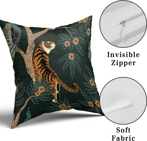 Vista 7 de Juego de 2 fundas de almohada de tigre, de algodón, con diseño de animales de bosque de pavo real, decorativas, para dormitorio, sofá, sala