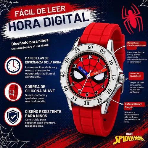 Vista 3 de Spiderman Time Teacher - Reloj para niños, correa de silicona roja, esfera fácil de leer, resistente al agua, con lata especial
