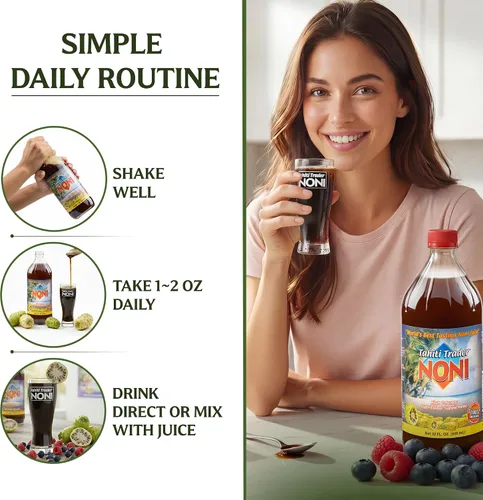 Vista 4 de Tahiti Trader Jugo original de noni de alta potencia, jugo de fruta puro de noni con arándanos y frambuesa, superalimento antioxidante orgánico que