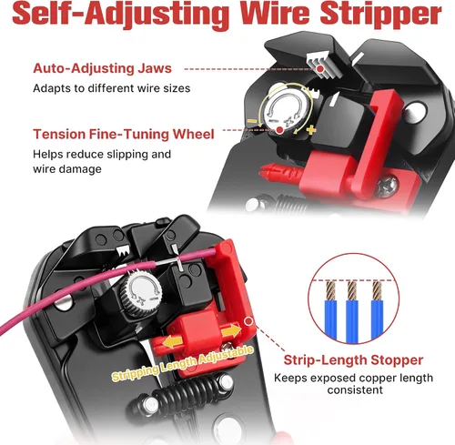 Vista 4 de Kuject Kit de pelacables y herramienta de crimpado, 3 en 1 autoajustable para pelar cables de 10-24 AWG con juego de herramientas de crimpado