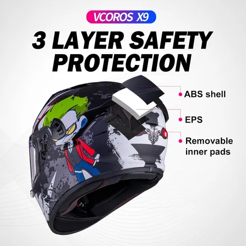 Vista 5 de VCOROS Casco integral de doble visera para motocicleta para adultos, Casco de moto de calle y carrera X9 aprobado por DOT con visera negra