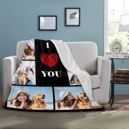 Vista 4 de Manta personalizada con tus fotos favoritas, manta personalizada con mis propias imágenes para familia, mamá, papá, hija, hijo, perro, hermanas
