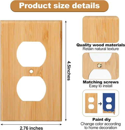 Vista 2 de Pinkunn 20 piezas de placa de cubierta de interruptor de luz de madera de 4.5 x 2.76 pulgadas, bambú decorativo de madera de doble agujero
