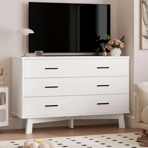Vista 7 de Xixini Cómoda para dormitorio, cómoda moderna de 6 cajones con base resistente en forma de X, organizador de almacenamiento de ropa doble de madera
