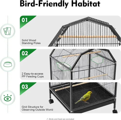 Vista 8 de Jaula grande para pájaros con tragaluz abierto, soporte rodante y 5 puertas, jaulas móviles para loros, jaula de vuelo para pájaros de mascotas