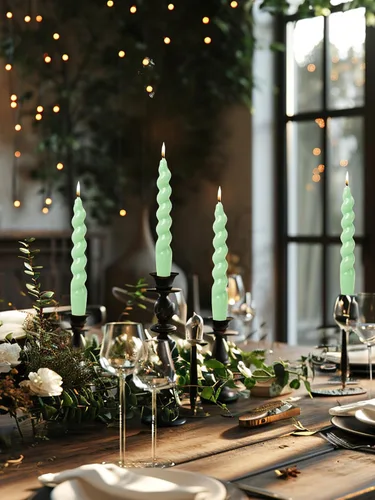 Vista 2 de Vela cónica verde en espiral para vacaciones, boda, fiesta, cera sin perfume, vela sin goteo, regalo de cumpleaños, regalo de Navidad, 7.5 pulgadas
