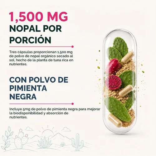 Vista 5 de Cápsulas de cactus Nopal de 1500 mg- Gorras de cactus de tuna ricas