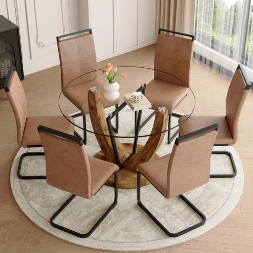 Vista 11 de Juego de mesa redonda de cristal de 5 piezas para 4, mesa de comedor moderna de 48 pulgadas con base de grano de madera, sillas tapizadas de gamuza