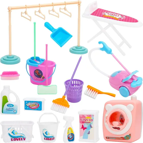 Vista 7 de ONEST - 18 piezas de suministros de limpieza para muñecas en miniatura, accesorios de decoración de muebles de casa de muñecas para muñecas