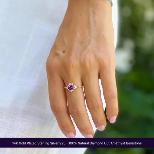Vista 5 de Anillo de boda de amatista de oro rosa de 14 quilates, anillo de compromiso de amatista, anillo de compromiso para mujer, anillo de promesa morado