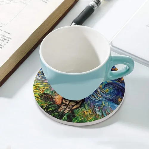 Vista 5 de Van Gogh - Juego de 4 posavasos abstractos de cerámica de diatomita absorbentes con base de corcho, protección de mesa, adecuados para mesas de Gato