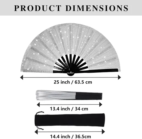 Vista 7 de Large Folding Hand Fans (6pcs) for Line Dancing Plata