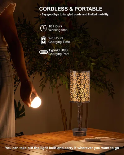 Vista 3 de UMEXUS - Lámpara de mesa inalámbrica pequeña con bombilla recargable Remote Control Timer & Dimmer & RGB Color Changing, Antique Ambient lighting