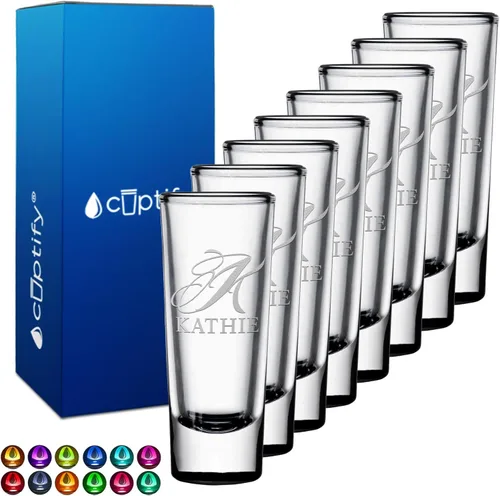 Vista 53 de Vaso de chupito personalizado con fondo negro personalizado de 2 oz, vasos de chupito cordiales con inicial y nombre en script dividido