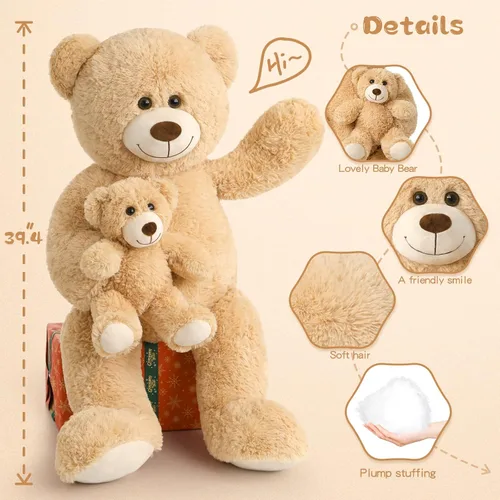 Vista 4 de Tezituor Oso de peluche grande con bebé, oso de peluche grande de 39 pulgadas con bebé, oso de peluche gigante para niños, novia en el día