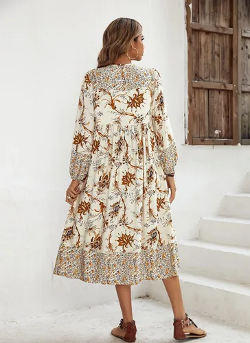 Vista 5 de R.Vivimos - Vestido por debajo de la rodilla de estilo bohemio para mujer, vestido de manga larga, con estampado floral retro y cuello en V con borla
