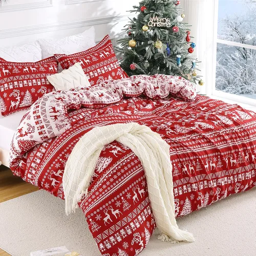 Vista 11 de Juego de funda de edredón navideña para cama individual para niños, juegos de funda de edredón de microfibra cepillada suave, con diseño de reno