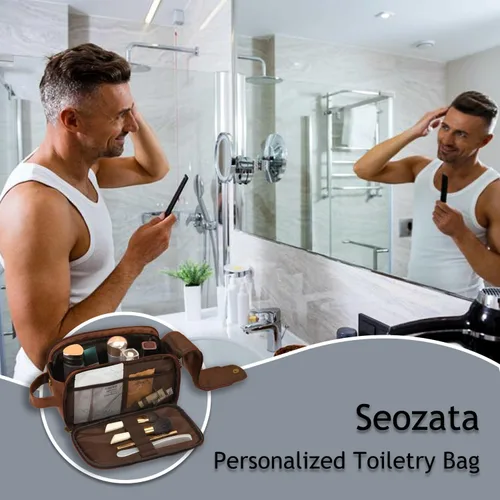 Vista 4 de Bolsa de aseo personalizada para hombre, kit dopp de gran capacidad con iniciales de nombre personalizado de cuero PU, regalo para padrinos, bolsa