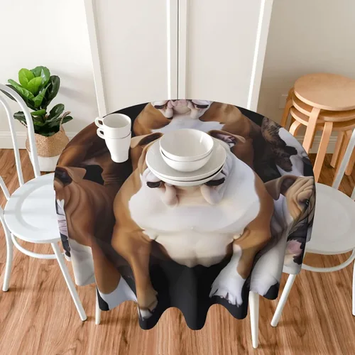 Vista 6 de Mantel redondo de 60 pulgadas impermeable con estampado de bulldogs ingleses, mantel circular para cocina, comedor, arrugas, mantel redondo