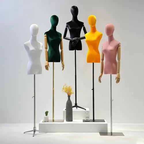 Vista 6 de Torso de maniquí de forma de vestido femenino, altura del cuerpo del maniquí de terciopelo ajustable, con brazo de madera maciza y base de metal