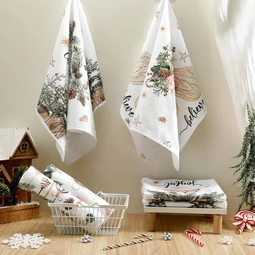Vista 6 de FuWeave Toallas de Cocina Navideñas Beige Paños de Cocina con Árbol Navideño Toallas de Mano Decorativas Hello Winter Absorbentes Pelota de Guantes