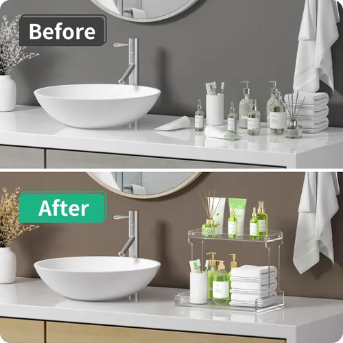 Vista 4 de NPPLUS Organizador de encimera de baño, estante de almacenamiento de acrílico transparente de 2 niveles para organizador de encimera de baño