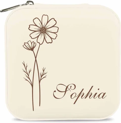 Vista 3 de Artsadd Joyero de viaje pequeño personalizado, joyero de flores de nacimiento, organizador de joyas con nombre personalizado para mujeres y niñas