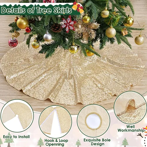 Vista 6 de Faldón para Árbol de Navidad 24 Pulgadas Redondo de Champán, Faldón Pequeño para Árbol de Navidad, Adornos de Navidad Lentejuelas para Fiesta de Año