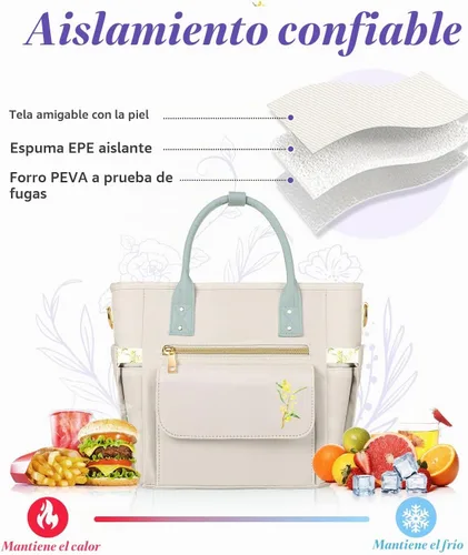 Vista 4 de Lonchera Deluxe Aislada para Mujeres - Lonchera Térmica a Prueba de Fugas Impermeable con Múltiples Bolsillos y Correa Removible para Trabajo