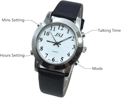 Vista 3 de VISIONU Reloj parlante español para personas ciegas o personas con discapacidad visual con alarma de cuarzo, correa de cuero, Moderno
