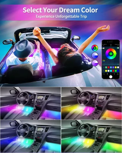 Vista 6 de YM E-Bright Tiras de luces LED RGB para automóvil con control de aplicación, mando a distancia inteligente, interior de neón debajo del salpicadero