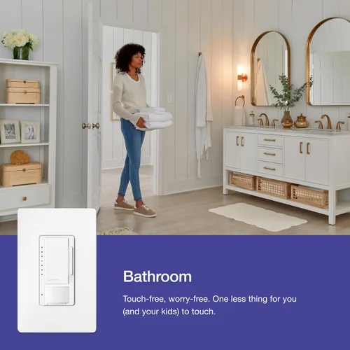 Vista 4 de Lutron Maestro Interruptor LED+ con sensor de movimiento/atenuador con placa de pared 150W LED Un polo/múltiples ubicaciones MSWCL-OP153M-WH