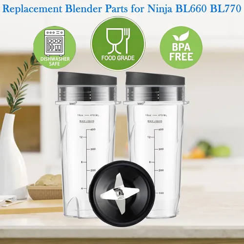 Vista 6 de Para Ninja Blender Blade Reemplazo BL660 6 Aletas Macho 3.35" Cuchilla, 16oz Vasos Blender Compatible con Nurti Ninja Blenders BL770 BL660 BL740