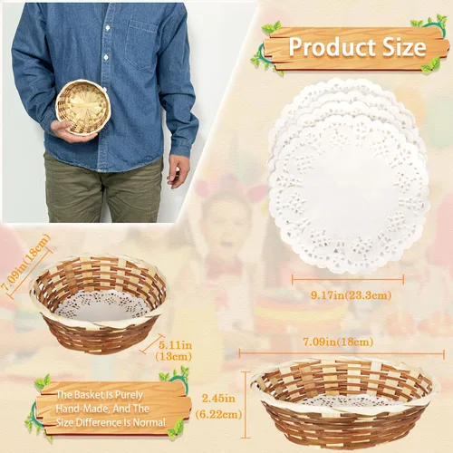 Vista 2 de 12 cestas pequeñas redondas de pan de bambú, 7 x 7 x 2.45 pulgadas, cestas de regalo para servir, cestas de servir alimentos para picnic restaurante