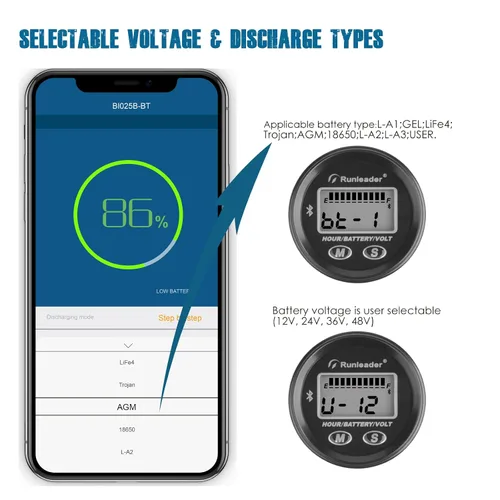 Vista 4 de Runleader Medidor de nivel de batería Bluetooth LCD de 12 V a 48 V, medidor de voltios con alerta, registro de horas de funcionamiento para troyano