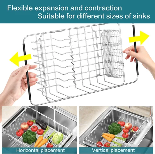 Vista 6 de Escurridor grande para platos en el fregadero expandible, ajustable de acero inoxidable 304, escurridor organizador de platos de metal con soporte