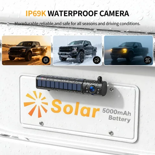 Vista 8 de Cámara solar inalámbrica de respaldo para automóvil, monitor HD 1080P de 5 pulgadas, instalación de 3 minutos, batería de 5,000 mAh con 2 canales IR